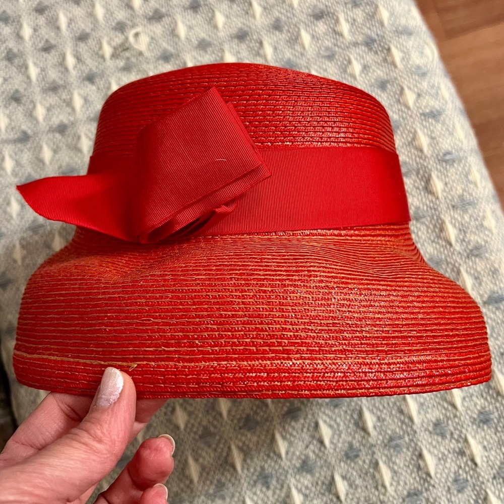 Vintage Red Straw Cloche Hat with Bow‎ Union Made Formal Occasion